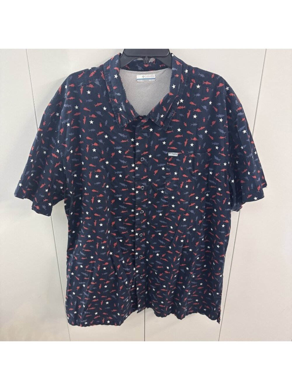 Columbia PFG Shirt Mens 2XL Blue Button Up Short Sleeve Fish Allover Vented